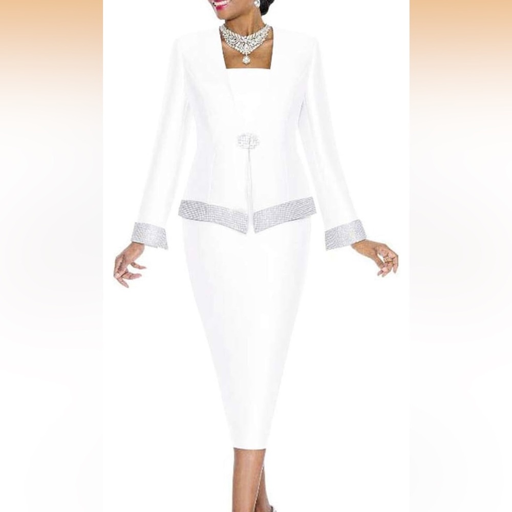 Elegant White 3-Pc Dress Suit with Silver Accents